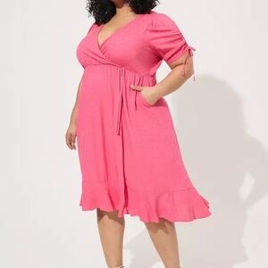 New Torrid Midi Swiss Linen Surplice Dress Honeysuckle Pink